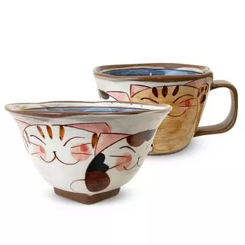 Square Bowl Soup Cup Set Blue 3 Kittens Hasami Ware Kobo Sho Made in Japan J-kitchens + ~