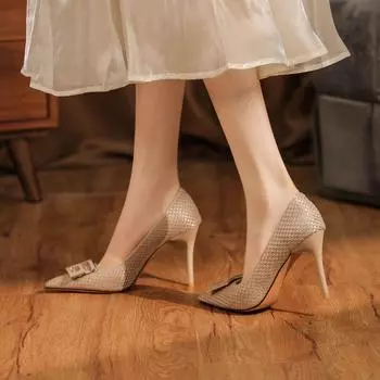 Square buckle applique buckle stiletto temperament high heels daily versatile sexy black women s shoes 34