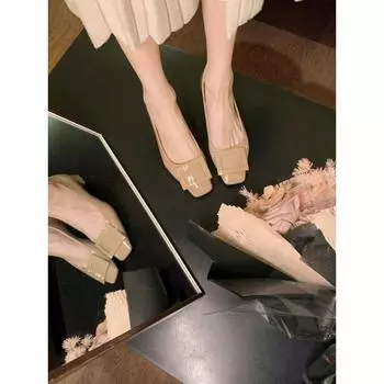 Square buckle commuter thick heel square head temperament high heels single shoes women s leather soft-soled Mary Jane shoes 35