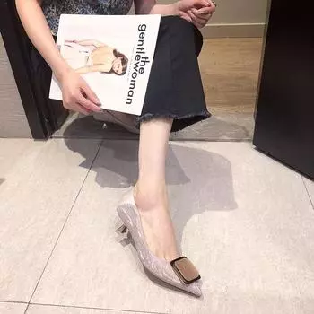 Square buckle high heels women s thin heel versatile 2024 autumn new super hot ins cat heel French pointed single shoes women 34 розовый