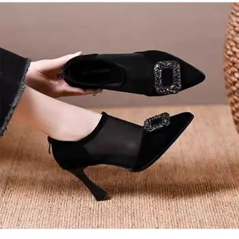 Square buckle rhinestone mesh yarn high heel single shoes women s spring and summer soft leather hollow mesh boots breathable bag head 35 чёрный