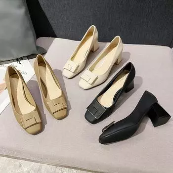 Square buckle thick heel single shoes women s 2025 new spring and autumn square head high heels medium heel French large size shoes women s G6850-39 35 чёрный