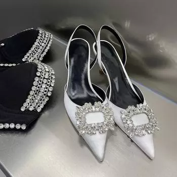 Square Buckle Water Diamond Toe Sandals 2024 Summer New Party Shoes Pointed Thin Heel Hollow Leather High Heels 34