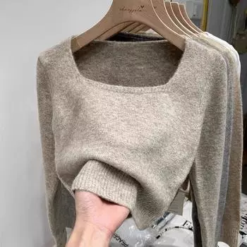 Square Collar off-Shoulder Soft Glutinous Thickened Pullover Inner Wear Sweater Flower khakis L Recommended 52.50 kg-57.50 kg