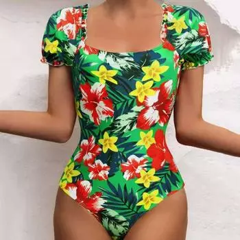 Квадратный воротник, манжеты с оборками, женское монокини, яркий цветок, треугольный принт, короткий рукав, один M синий