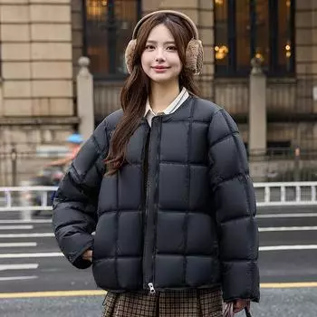 Square down cotton cotton jacket women s winter 2025 new loose casual Korean version of crew neck plus-size cotton jacket M