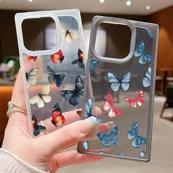 Square Frosted Clear Phone Case for iPhone 16 15 Pro 14 Plus 13 12 Pro Max 11 Colored Butterfly Pattern Shockproof Tpu Soft Slim Cover iPhone 16 чёрный