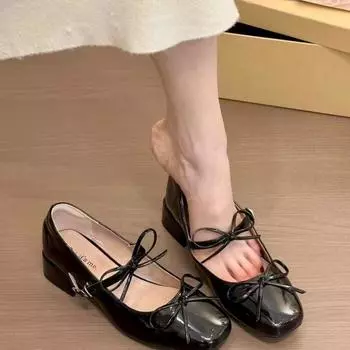 Square head bow Mary Jane shoes new college style thick heel small leather shoes with skirt fashion shoes 34