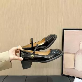 Square head bright leather Mary Jane shoes spring new small leather shoes women s temperament square heel uniform leather shoes women 35