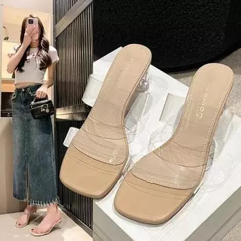 Square head crystal thick heel open-toed cool slippers 2025 summer fashion versatile with skirt high heels women 8561-1 35 бежевый