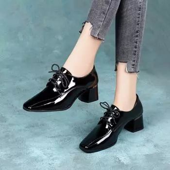 Square head deep mouth single shoes women s autumn and winter new lace-up cow patent leather thick heel high heels women s fashion shoes 34