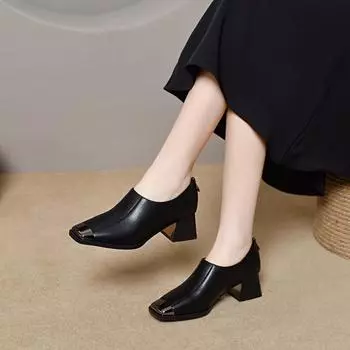 Square head deep mouth single shoes women s spring new iron bag head high heels rear zipper thick heel fashion shoes 34