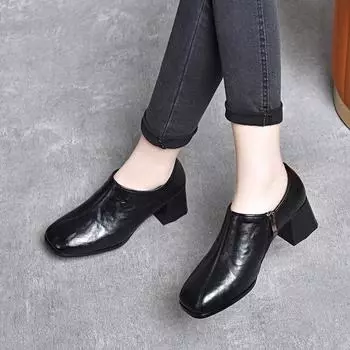 Square head deep mouth single shoes women s spring new simple temperament side zipper ankle shoes thick heel high heels 34
