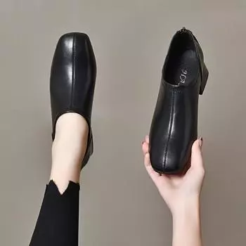 Square head deep mouth single shoes women s spring new thick heel sheepskin simple temperament rear zipper women s shoes net version ankle shoes 34