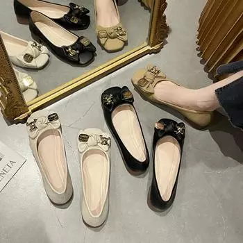 Square head Doudou shoes women s autumn 2025 new bow shallow mouth lazy shoes one pedal casual single shoes 35 чёрный