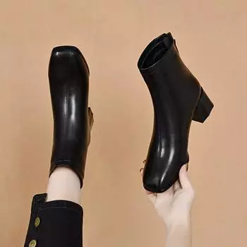 Square head fashion boots women s autumn and winter new thick heel back zipper straight boots women s leather boots 34