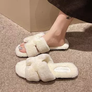 Square head flat bottom H fluffy slippers women s outer wear~ high sense fashion versatile home office one-word drag tide 35