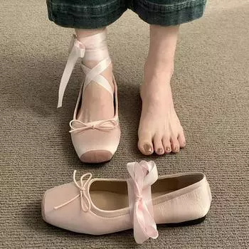 Square head flat sole shoes women s pink Mary Jane shoes small fragrant spring and summer casual French new ballet shoes shallow mouth 35