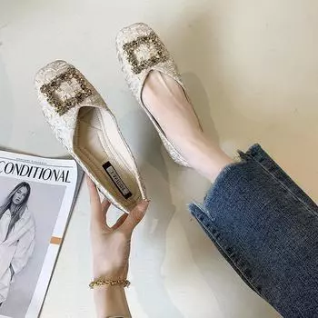 Square head flat sole single shoes women s late evening breeze gentle women s shoes spring and autumn soft sole Doudou shoes shallow mouth rhinestone 35 чёрный