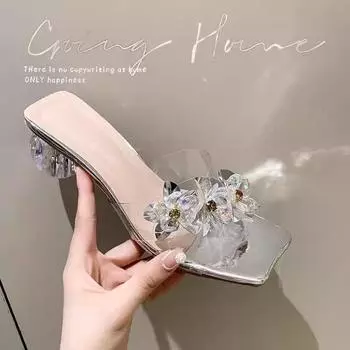 Square head foot cover heightening transparent slippers women s 2025 summer new flower crystal heel sandals women s medium heel women s sandals 34