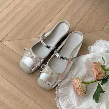 Square head half drag Mary Jane shoes French inner height increase bow word shallow mouth ballet single shoes women s new sheepskin 32 32