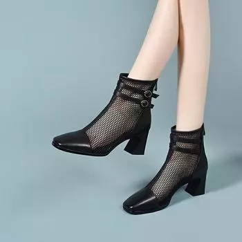 Square head high heel cool boots women s spring new niche personality double breasted hollow breathable fashion boots 34