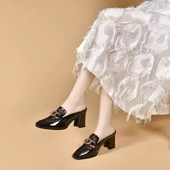 Square head high-heeled sandals, summer mesh slippers, polka dot rhinestone thick heel bag head half slippers 34