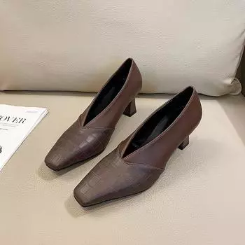 Square Head High Heels Female Shallow Mouth Single Shoes Spring and Autumn New Retro Splicing Thick Heel Women s Shoes 35 коричневый