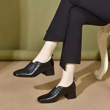 Square head high heels women s autumn new simple temperament deep mouth single shoes elastic thick heel women s shoes 35