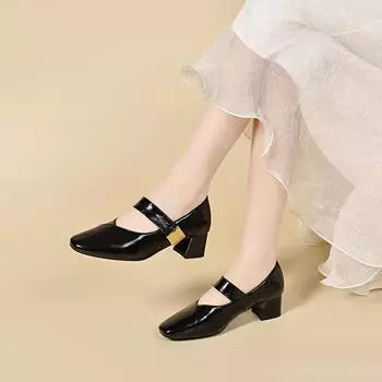 Square head high heels women s autumn new simple temperament Mary Jane shoes light mouth thick heel square buckle single shoes leather shoes 34