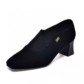 Square head high heels women s shoes spring simple temperament black sheepskin deep mouth middle heel single shoes elastic fashion shoes 34