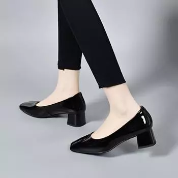 Square head high heels women s spring new simple temperament thick heel light mouth single shoes work shoes four seasons shoes 35