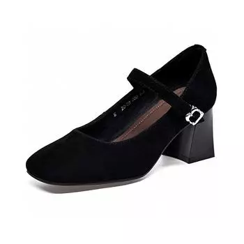 Square head high heels women s spring new black light mouth one-word buckle single shoes black work shoes Mary Jane shoes 34
