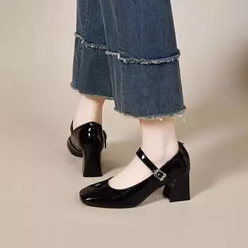 Square head high heels women s spring new one-word buckle Mary Jane shoes simple temperament cow patent leather shallow mouth single shoes 34