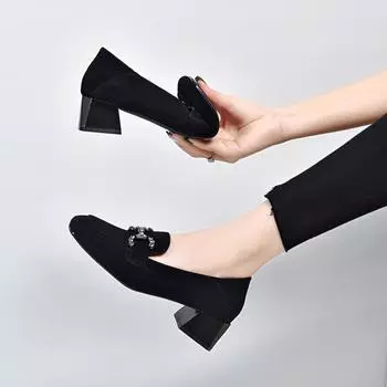 Square head high heels women s spring new black sheepskin thick heel single shoes square heel rhinestone women s leather shoes 35