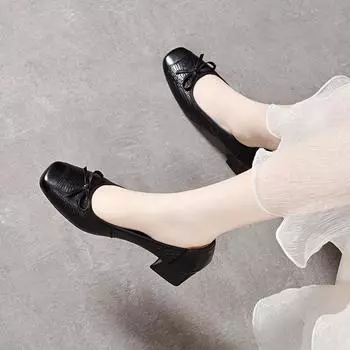 Square head high heels women s spring and summer bow light mouth thick heel middle heel one pedal single shoes Mary Jane shoes 34