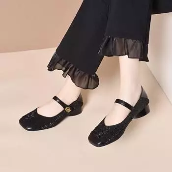 Square head Mary Jane shoes women s one-word buckle light mouth low heel single shoes comfortable flower full sky star ladyshoes 34