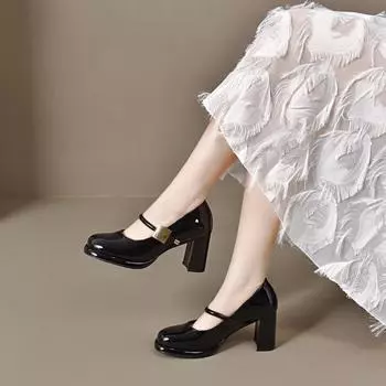 Square head Mary Jane shoes women s spring new one-word buckle shallow mouth single shoes high heels thick heel fashion shoes 34