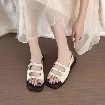 Square head open-toed flat bottom women s summer wear French retro 2024 new Korean version niche versatile Roman sandals 35 чёрный