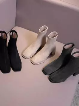 Square head plus suede short boots women s boots spring and autumn elastic thin boots thick heel medium heel single boots gray apricot Martin boots 35 чёрный