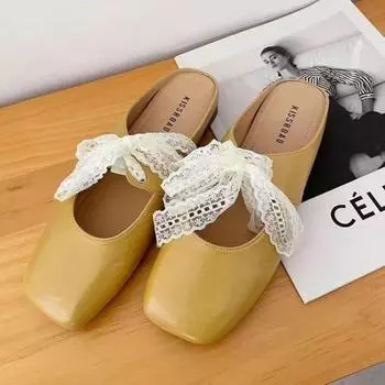 Square head retro lace Mary Jane shoes new shallow mouth single shoes college style bag head flat bottom slippers women 35