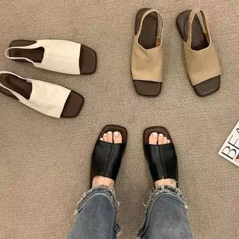 Square head sandals women s new summer wear in 2025 soft flat bottom retro fashion versatile Korean version cool slippers 35 чёрный