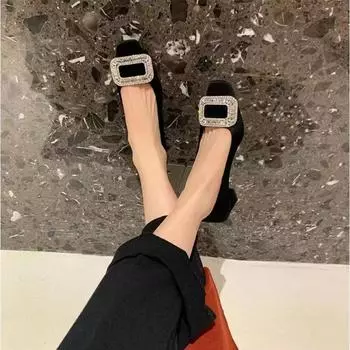 Square Head Shallow Mouth Commuter Single Shoe Female Spring/Autumn New Water Diamond Square Button Silk High Heel Shoes Womens 34 чёрный
