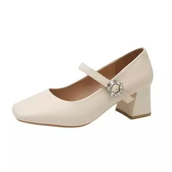 Square head shallow mouth Mary Jane single shoes women s 2025 spring new French temperament shallow mouth high heel fashion women s shoes 34