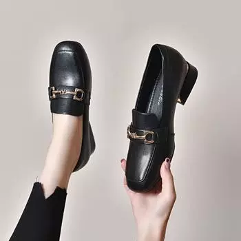 Square head shallow mouth single shoes women s spring and autumn new metal buckle small leather shoes two heights women 34
