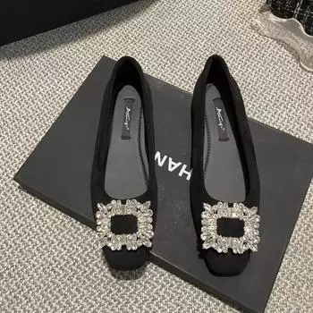 Square head shallow mouth single shoes women s flat bottom 2025 new summer shoes French temperament rhinestone French black ladyshoes 35 чёрный