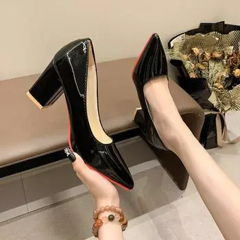 Square head single shoes female Korean version celebrity patent leather high heels thick heel pedicure shallow mouth foot cover professional shoes 20 35 белый