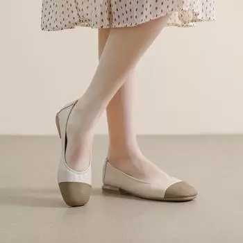 Square head single shoes women s flat bottom 2025 new spring and autumn Xiaoxiangfeng color matching one-pedal light mouth versatile soft sole Dou 34 абрикосовый