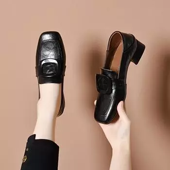 Square head single shoes women s spring new round buckle one pedal low heel work shoes small leather shoes 34