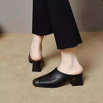 Square head slippers women s outer wear spring and summer new iron bag head cowhide thick heel sandals women s fashion lazy drag 34